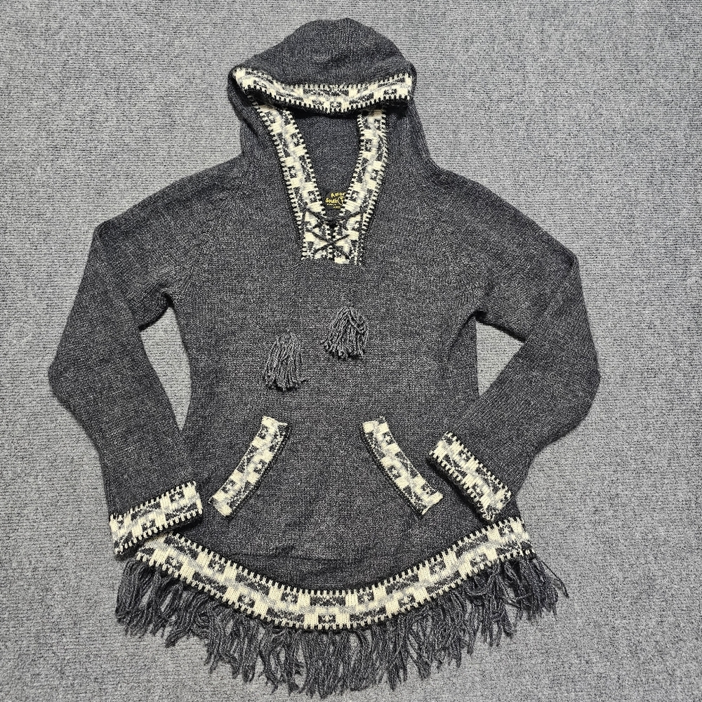 American South Side Peruvian Alpaca Wool Hooded Sweater Womens M Pockets Tribal